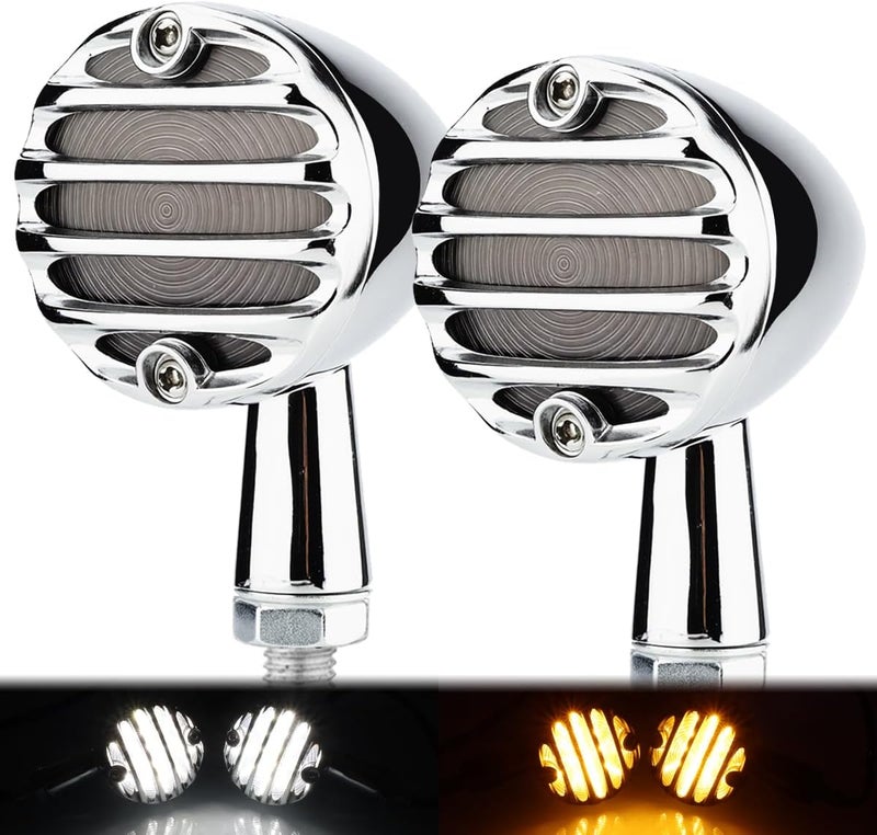 TSUNG Universal Grille Motorcycle LED Turn Signals Lights Front Rear Blinkers Tail Lights for Cruiser Chopper Bobber Cafe Racer Street Bike (Chrome-White&Amber) - Image 1